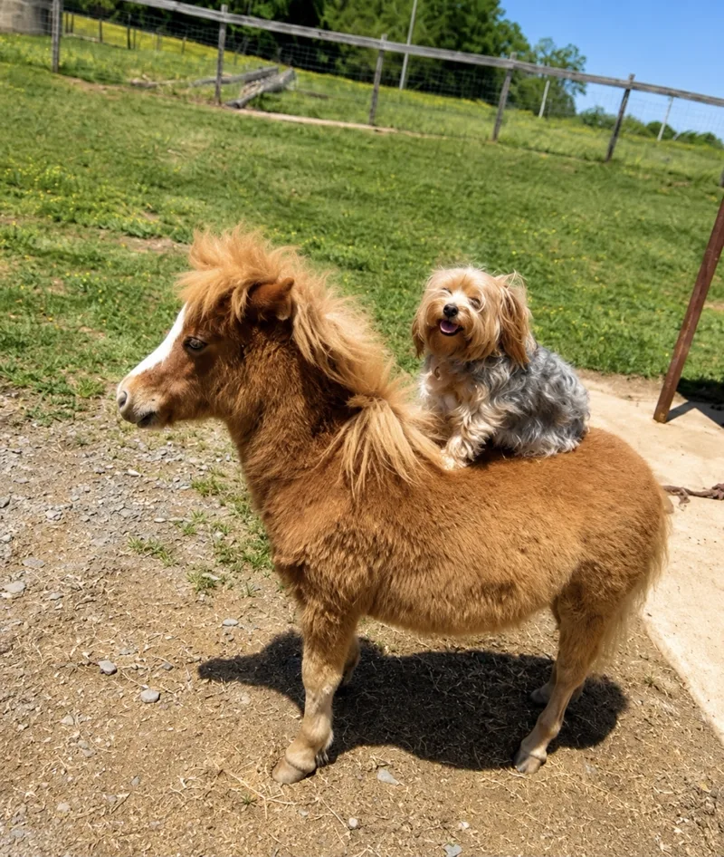 Bella riding on the back of Ellie the mini horse