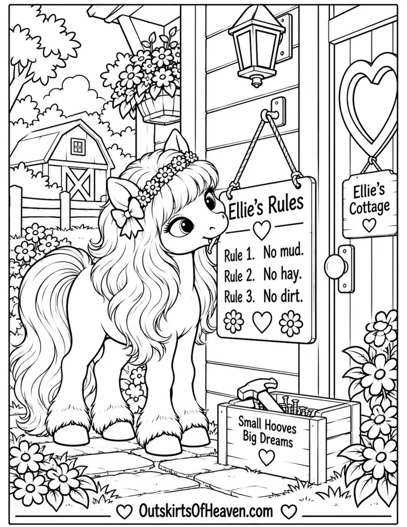Free farm animal coloring page for kids — "Small Hooves, Big Dreams" featuring Ellie the farm animal