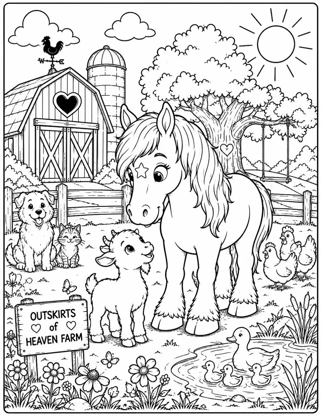 Free farm animal coloring page for kids — "Down by the Pond" featuring Kaydi the Percheron horse