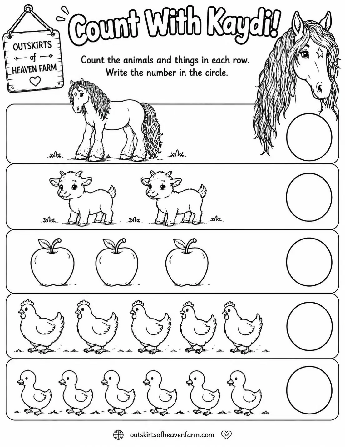 Free farm animal learning activity worksheet for kids — "Count With Kaydi!" featuring Kaydi the Percheron horse