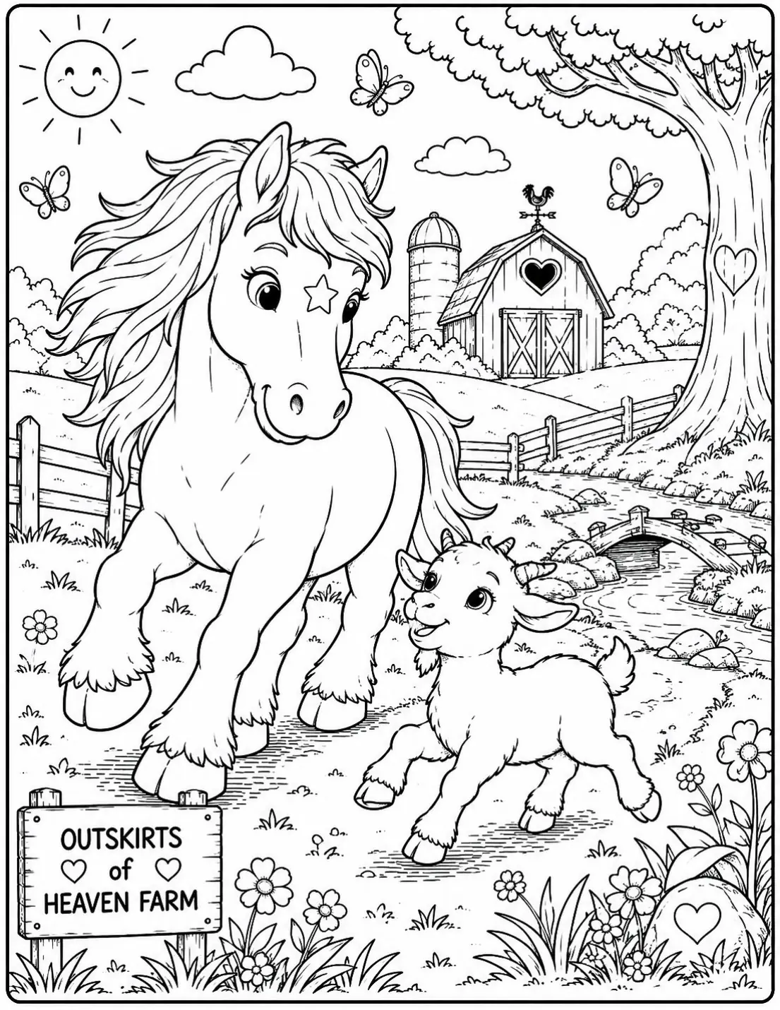 Free farm animal coloring page for kids — "Sunny Day on the Farm" featuring Kaydi the Percheron horse