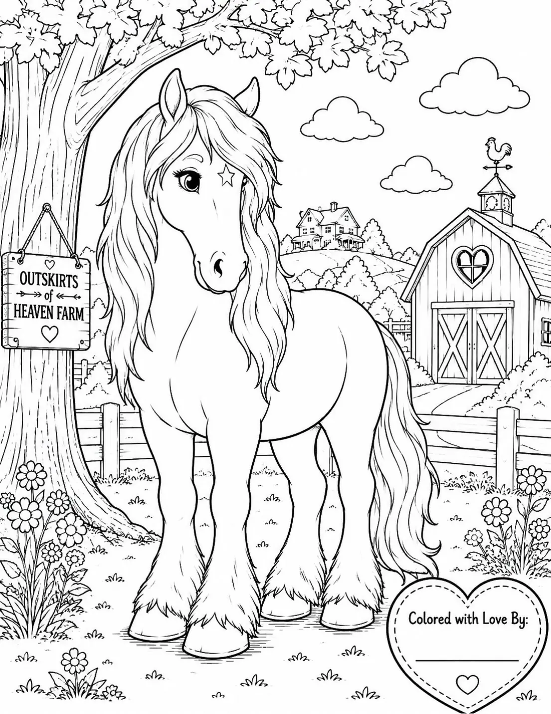 Free farm animal coloring page for kids — "Kaydi Under the Tree" featuring Kaydi the Percheron horse