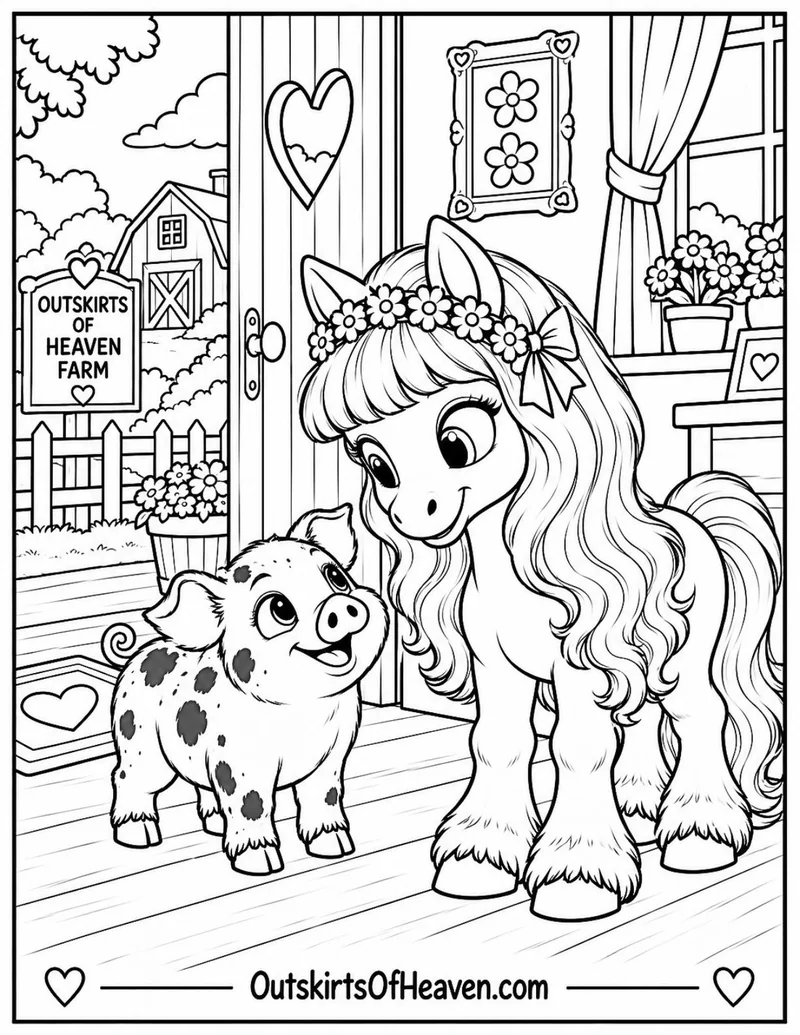 Free farm animal coloring page for kids — "Ellie and Her Farm Friend" featuring Ellie the farm animal