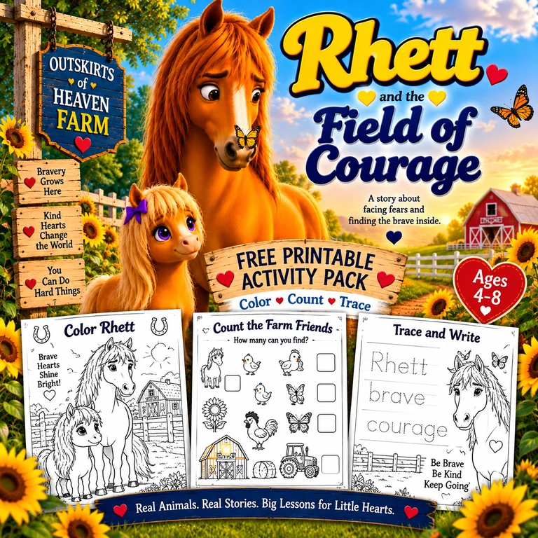 Free printable pack for kids featuring Rhett the horse from the children's book Rhett and the Field of Courage — coloring pages, I Spy games and learning worksheets