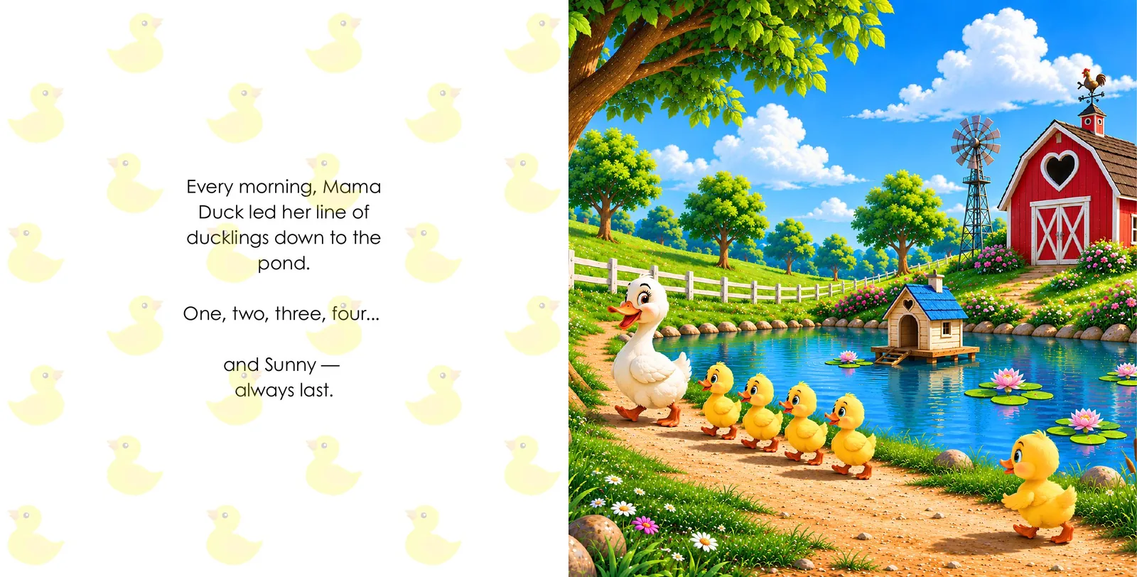 Inside pages from Sunny, Wait!: Every morning, Mama Duck led her line of ducklings down to the pond — and Sunny, always last