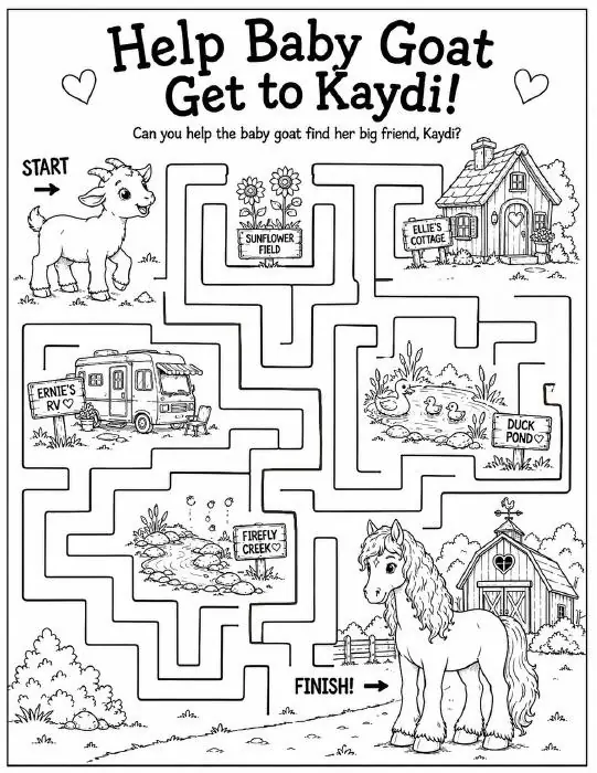 Free farm animal learning activity worksheet for kids — "Help Baby Goat Get to Kaydi" featuring Kaydi the Percheron horse