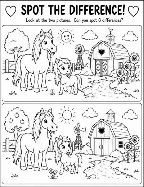 Free farm animal I Spy printable for kids — "Spot the Difference" featuring Rhett the horse