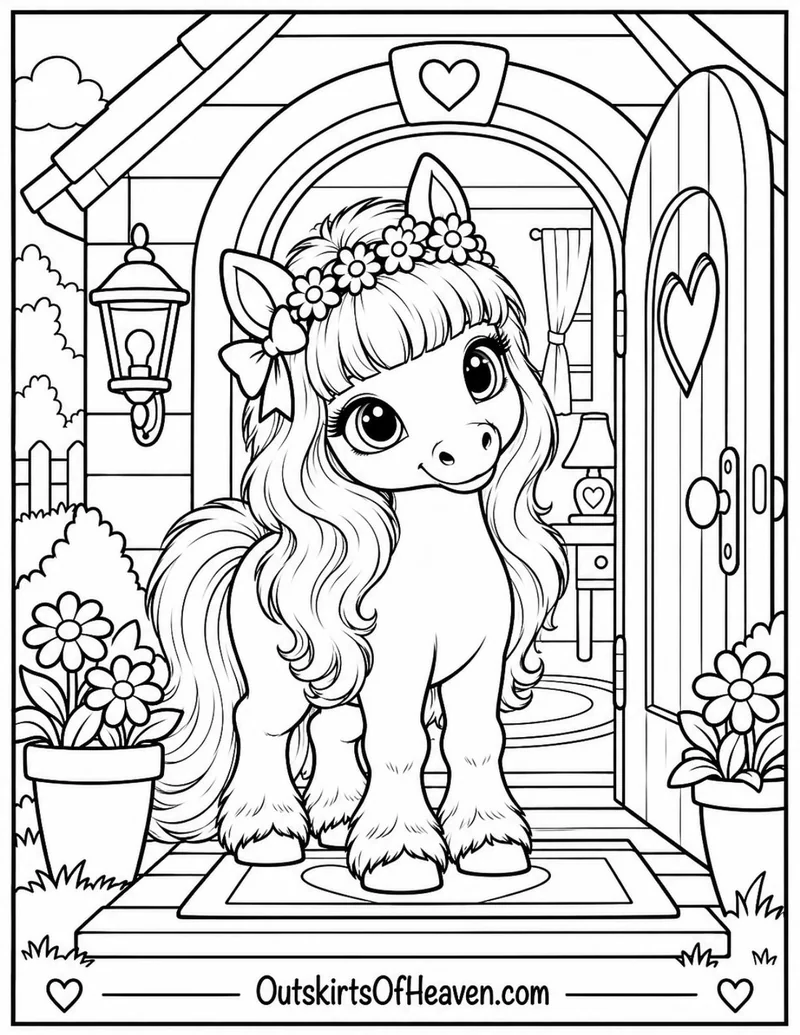 Free farm animal coloring page for kids — "Ellie at the Cottage Door" featuring Ellie the farm animal