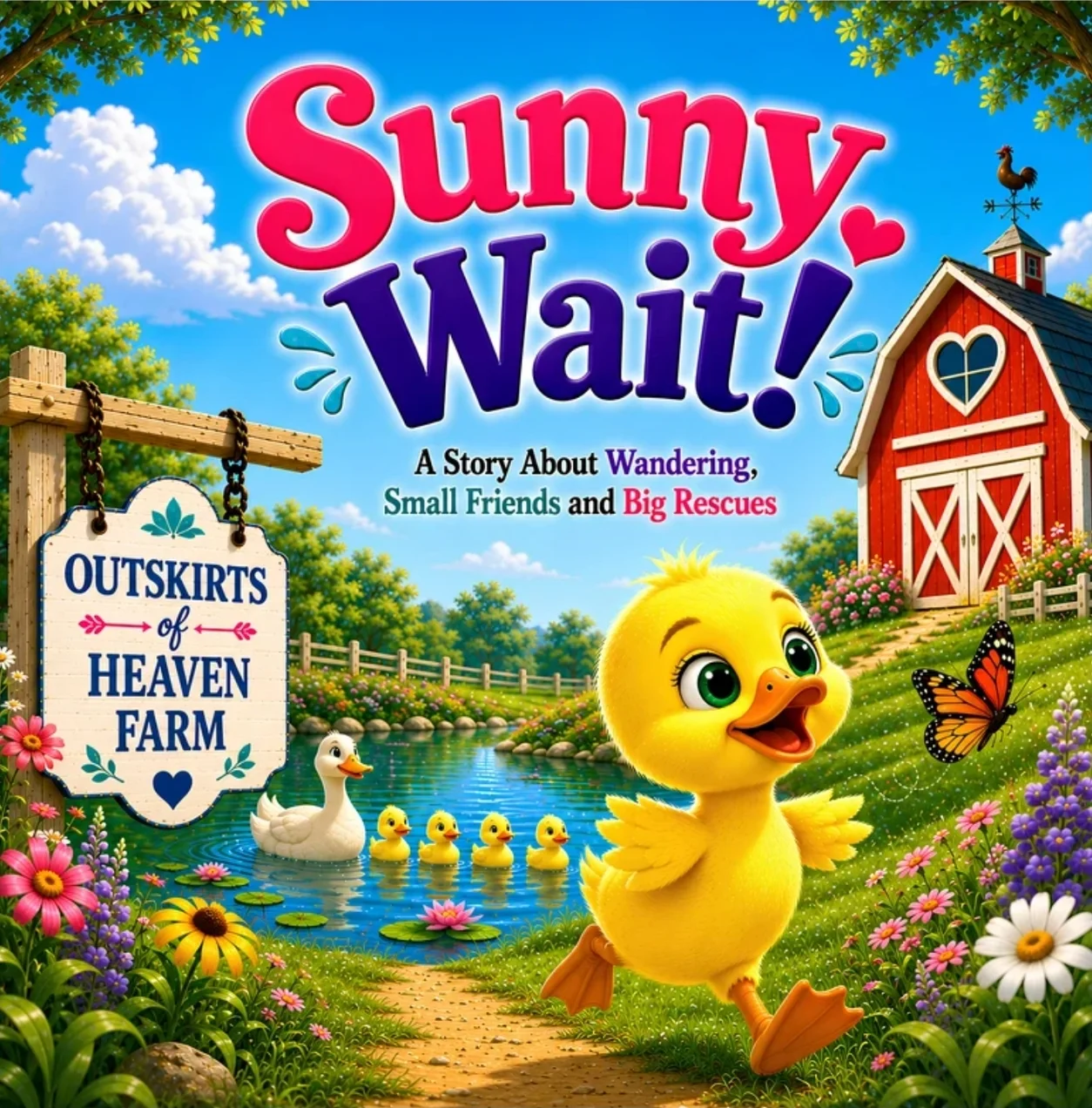 Sunny, Wait! children's farm animal story featuring a curious little duckling by a farm pond