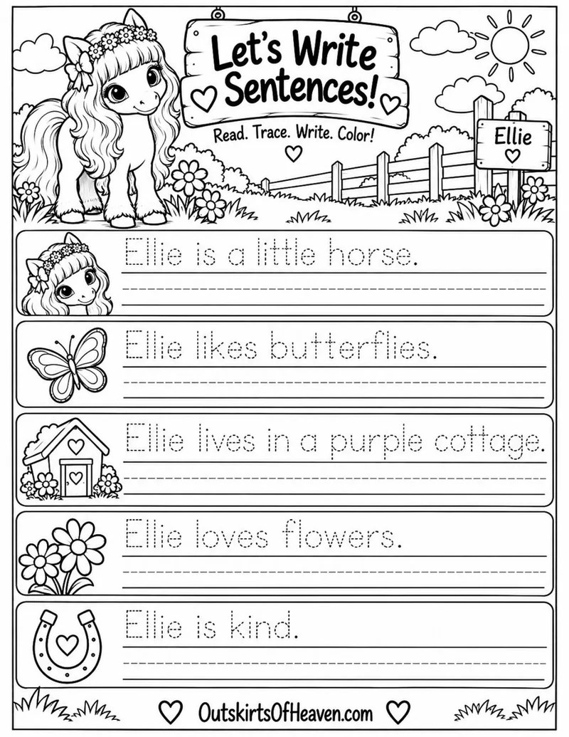 Free farm animal learning activity worksheet for kids — "Let's Write Sentences" featuring Ellie the farm animal