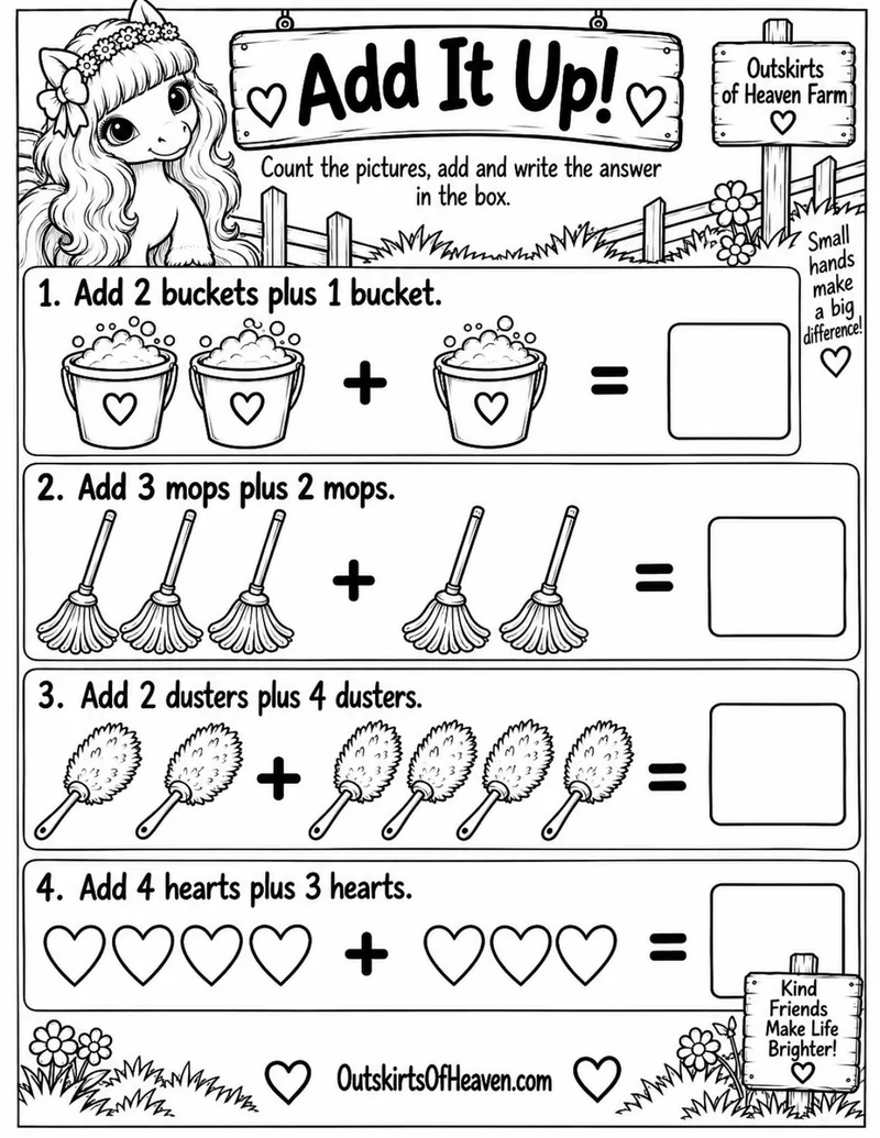 Free farm animal learning activity worksheet for kids — "Add It Up with Ellie" featuring Ellie the farm animal