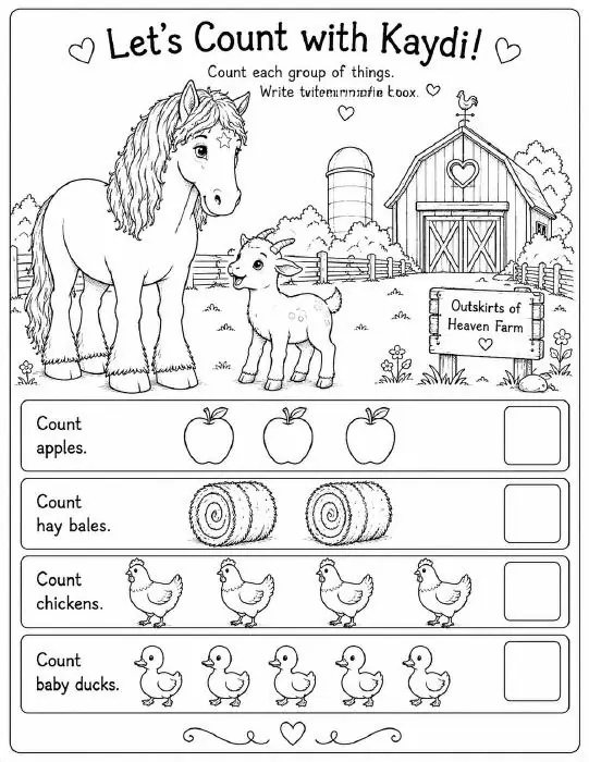 Free farm animal learning activity worksheet for kids — "Let's Count with Kaydi" featuring Kaydi the Percheron horse