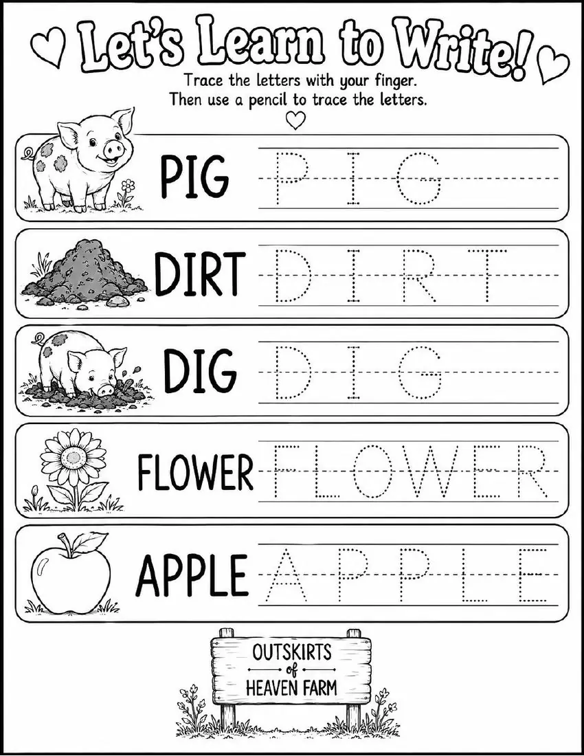 Free farm animal learning activity worksheet for kids — "Let's Learn to Write" featuring Charlotte the farm pig