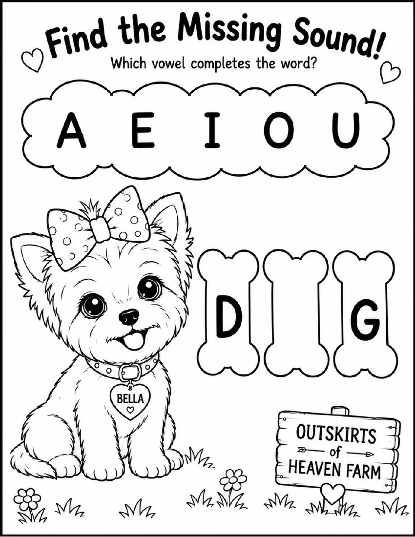 Free farm animal learning activity worksheet for kids — "Find the Missing Sound" featuring Bella the farm dog