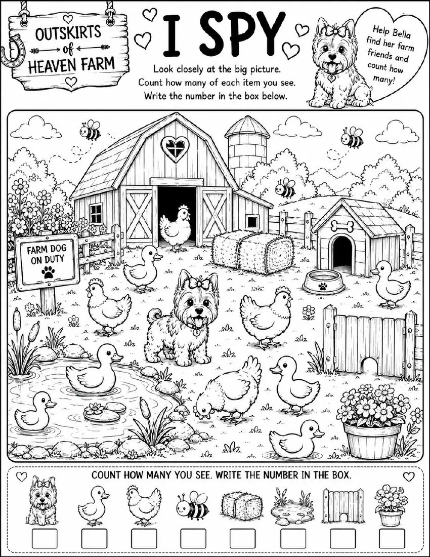 Free farm animal I Spy printable for kids — "I Spy on the Farm" featuring Bella the farm dog
