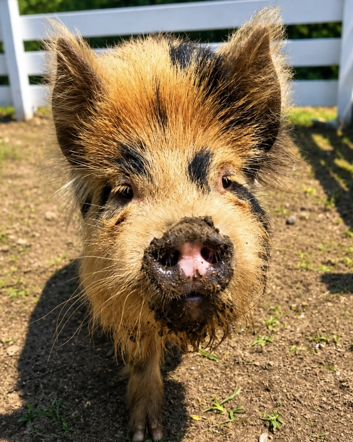 Chippie the ginger and black spotted pig looking up at the camera