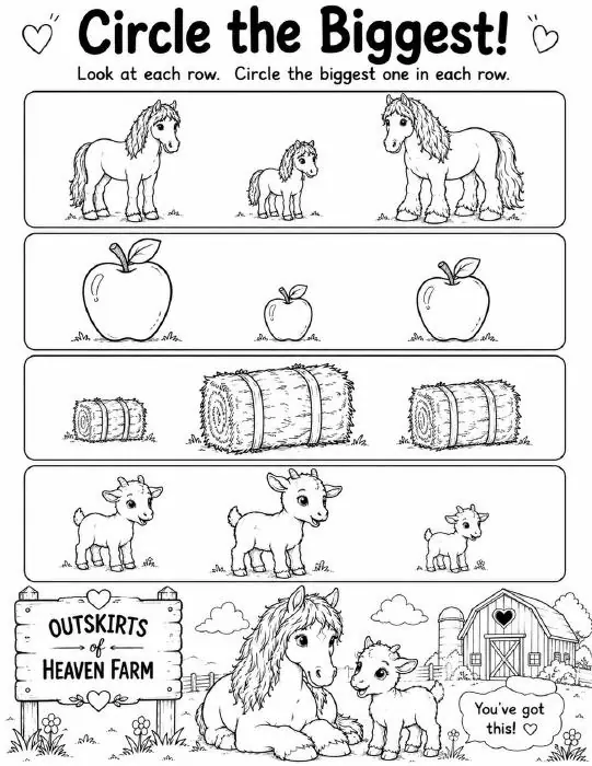 Free farm animal learning activity worksheet for kids — "Circle the Biggest" featuring Kaydi the Percheron horse