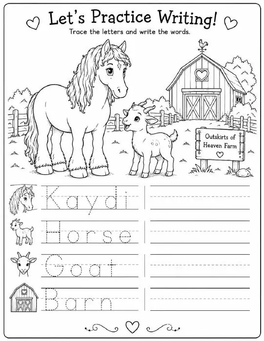 Free farm animal learning activity worksheet for kids — "Let's Practice Writing" featuring Kaydi the Percheron horse