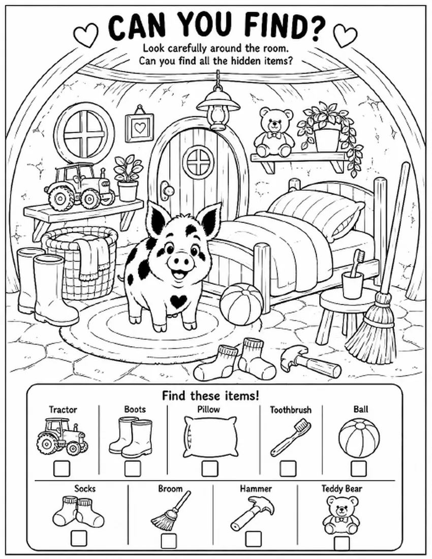Free farm animal I Spy printable for kids — "Can You Find? Bedroom Hunt" featuring Chippie the pig