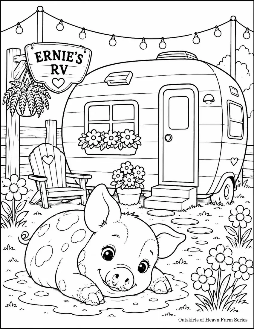 Free farm animal coloring page for kids — "Charlotte's RV Adventure" featuring Charlotte the farm pig