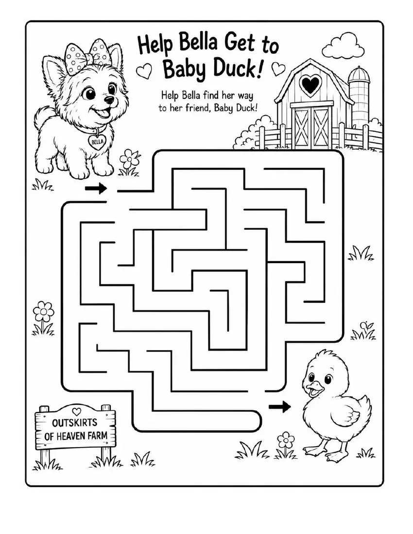 Free farm animal learning activity worksheet for kids — "Help Bella Get to Baby Duck" featuring Bella the farm dog