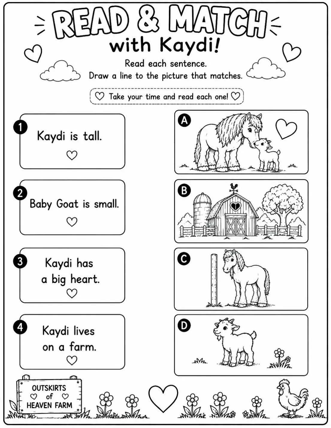 Free farm animal learning activity worksheet for kids — "Read & Match with Kaydi" featuring Kaydi the Percheron horse
