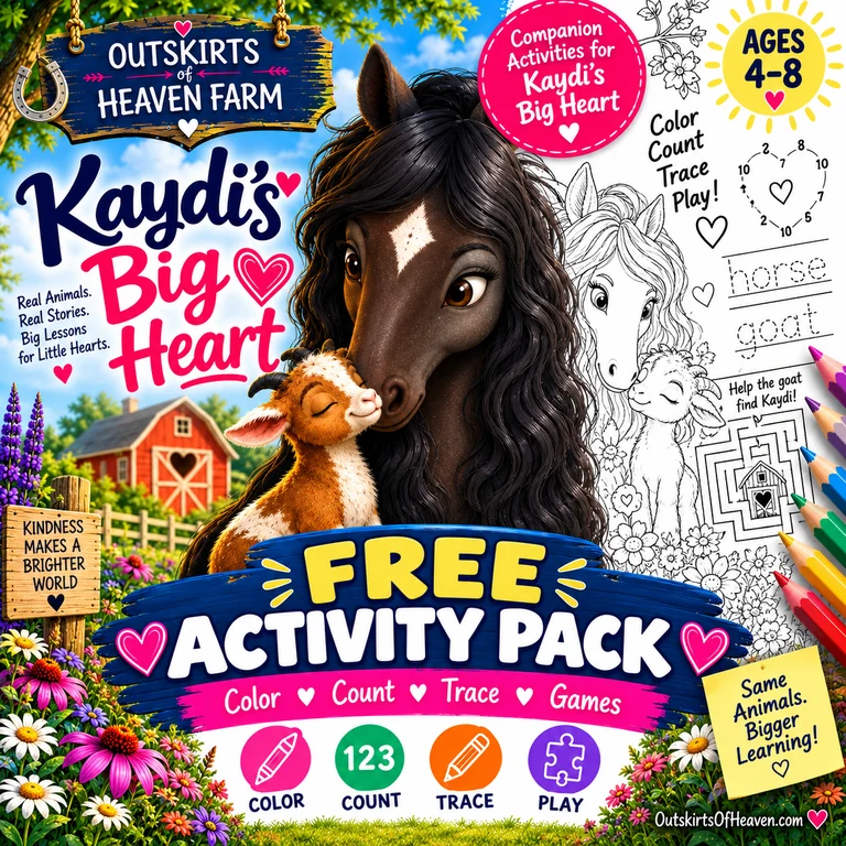 Free printable pack for kids featuring Kaydi the Percheron horse from the children's book Kaydi's Big Heart — coloring pages, I Spy games and learning worksheets
