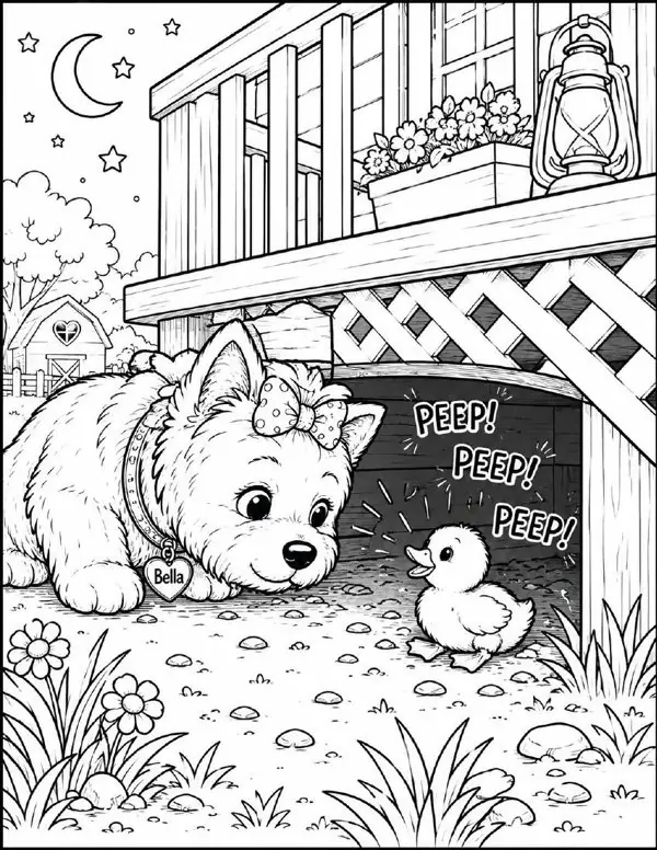 Free farm animal coloring page for kids — "Peep! Peep! Peep!" featuring Bella the farm dog