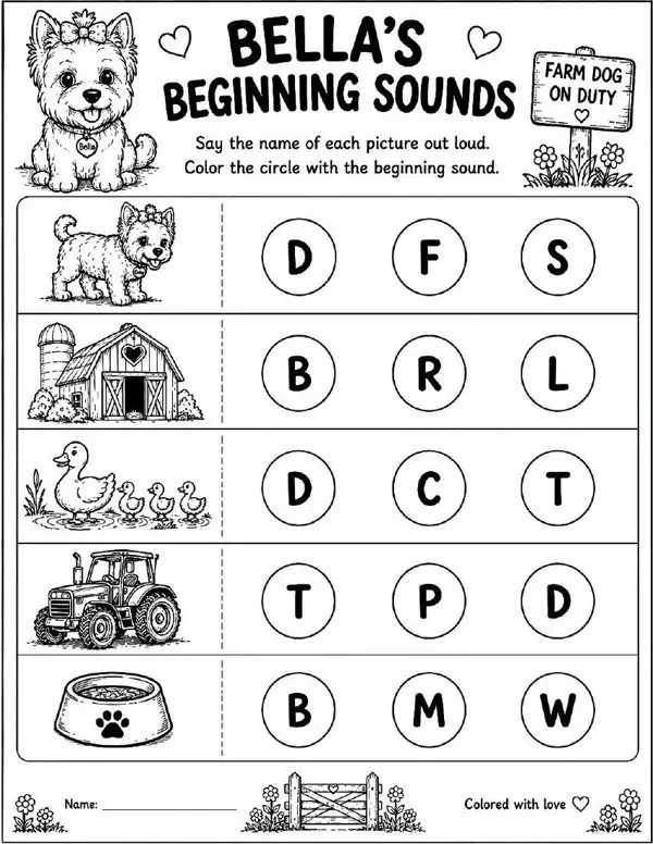 Free farm animal learning activity worksheet for kids — "Bella's Beginning Sounds" featuring Bella the farm dog