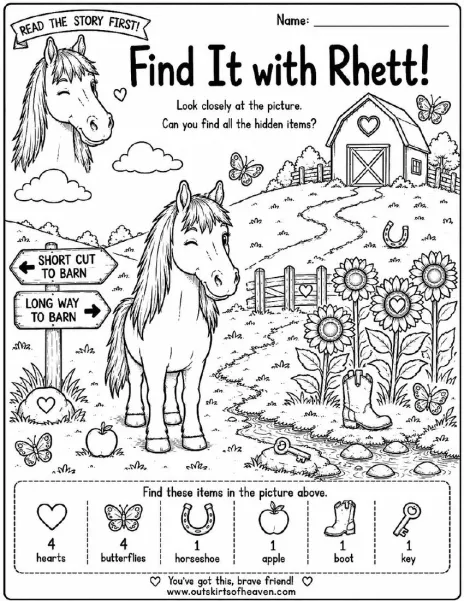 Free farm animal I Spy printable for kids — "Find It with Rhett" featuring Rhett the horse