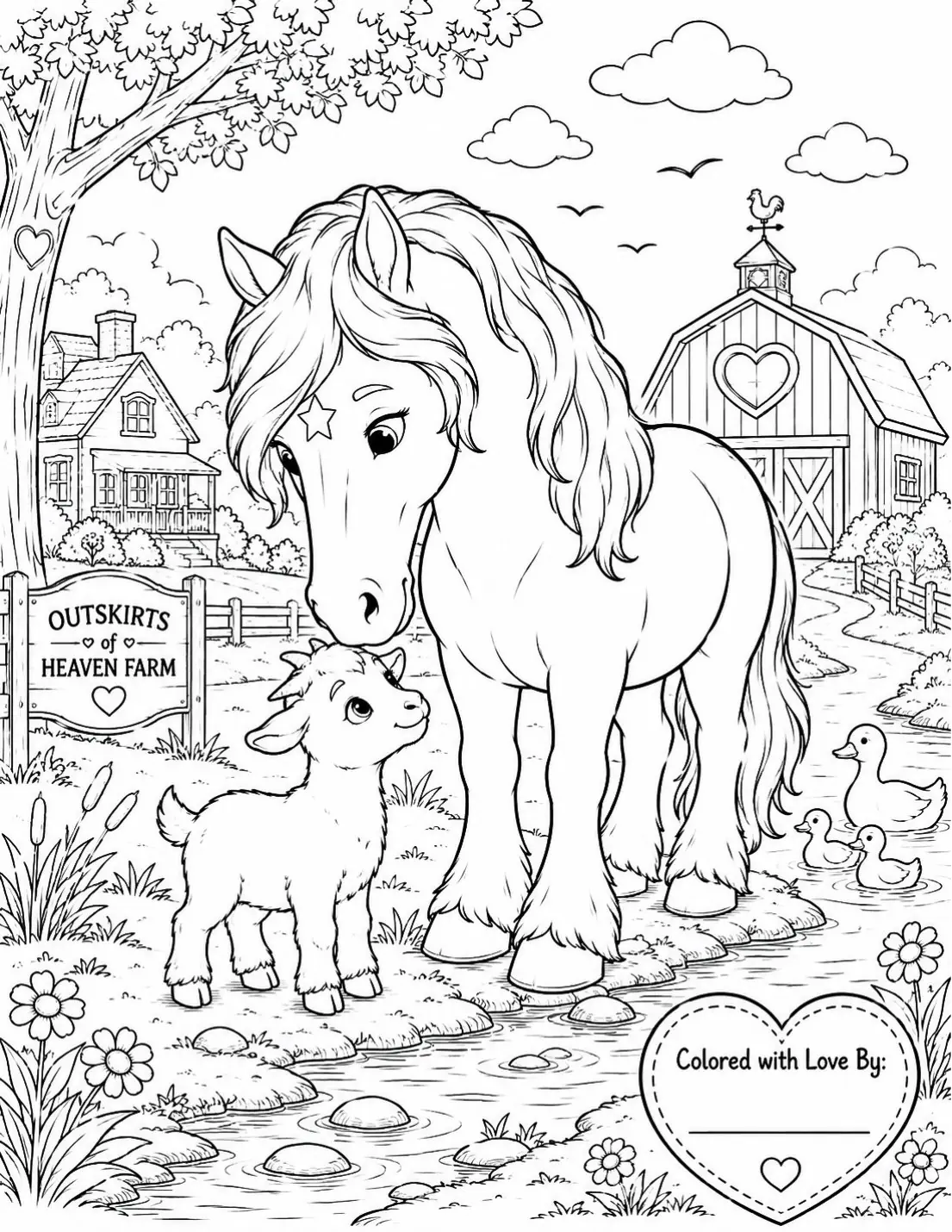 Free farm animal coloring page for kids — "Kaydi & Baby Goat at the Barn" featuring Kaydi the Percheron horse