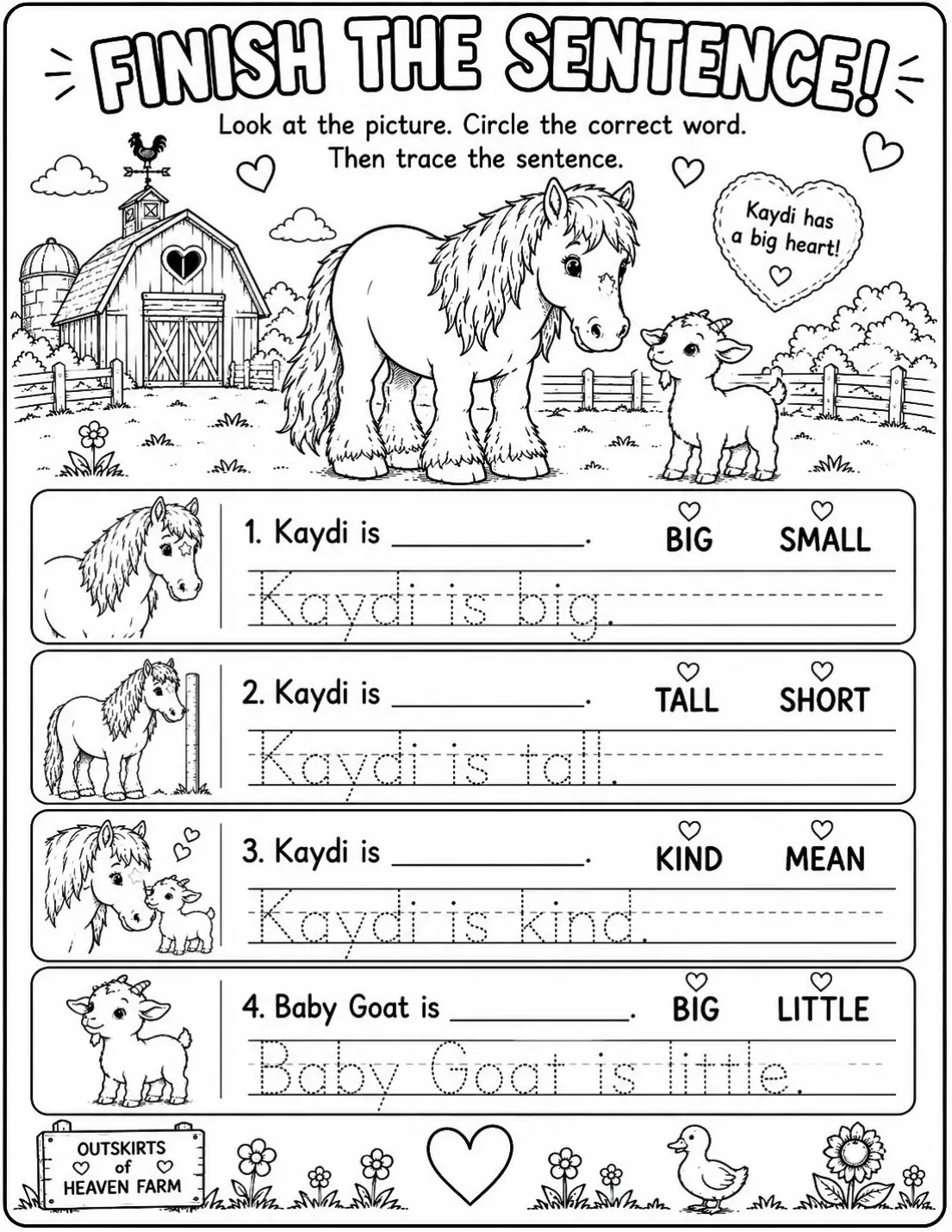 Free farm animal learning activity worksheet for kids — "Finish the Sentence" featuring Kaydi the Percheron horse