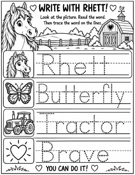 Free farm animal learning activity worksheet for kids — "Write with Rhett" featuring Rhett the horse