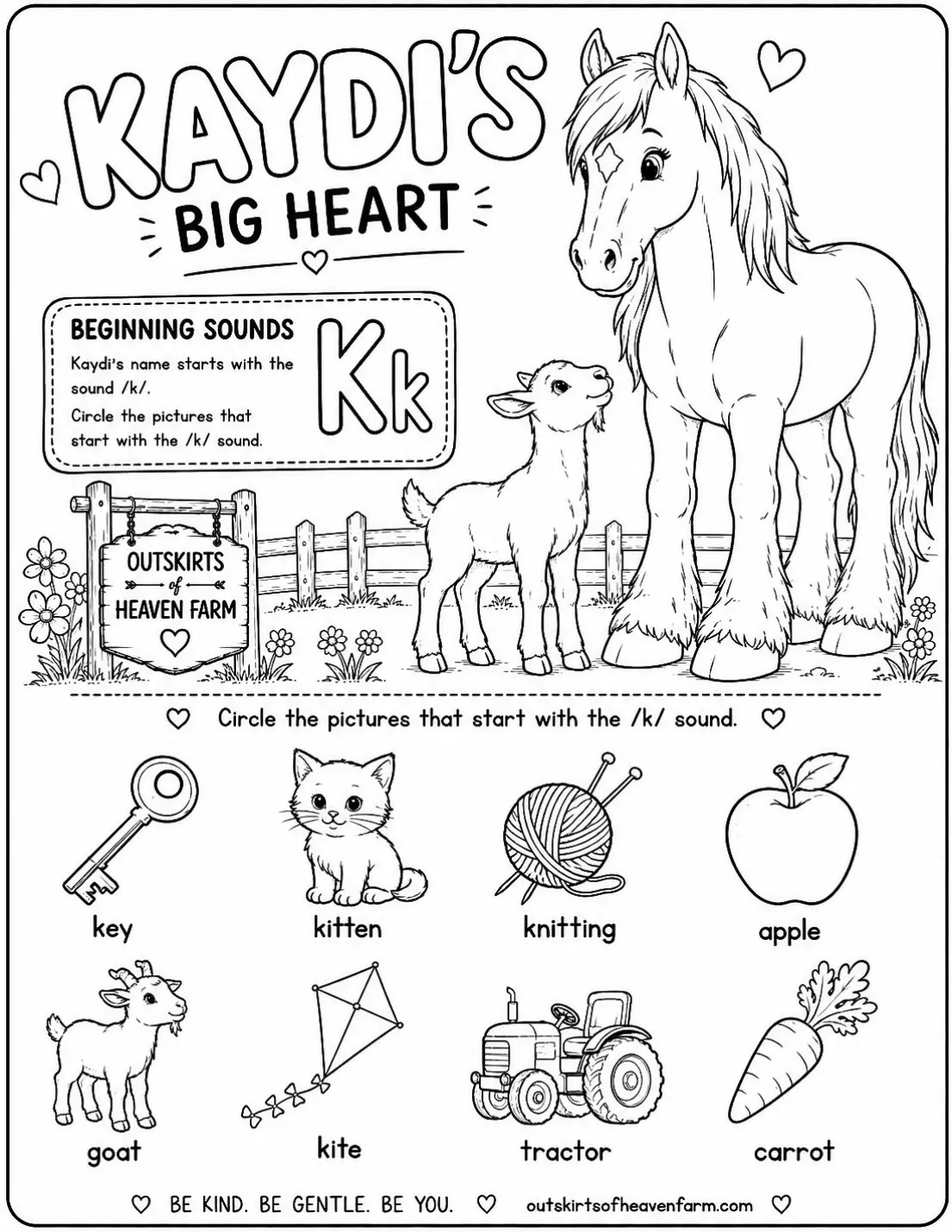 Free farm animal learning activity worksheet for kids — "Beginning Sounds: Kk" featuring Kaydi the Percheron horse