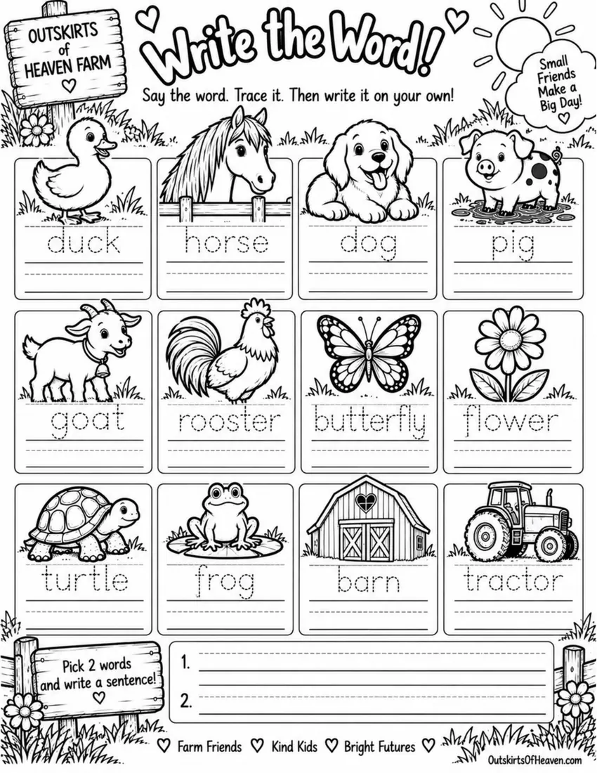 Free farm animal learning activity worksheet for kids — "Write the Word!" featuring Sunny the farm animal