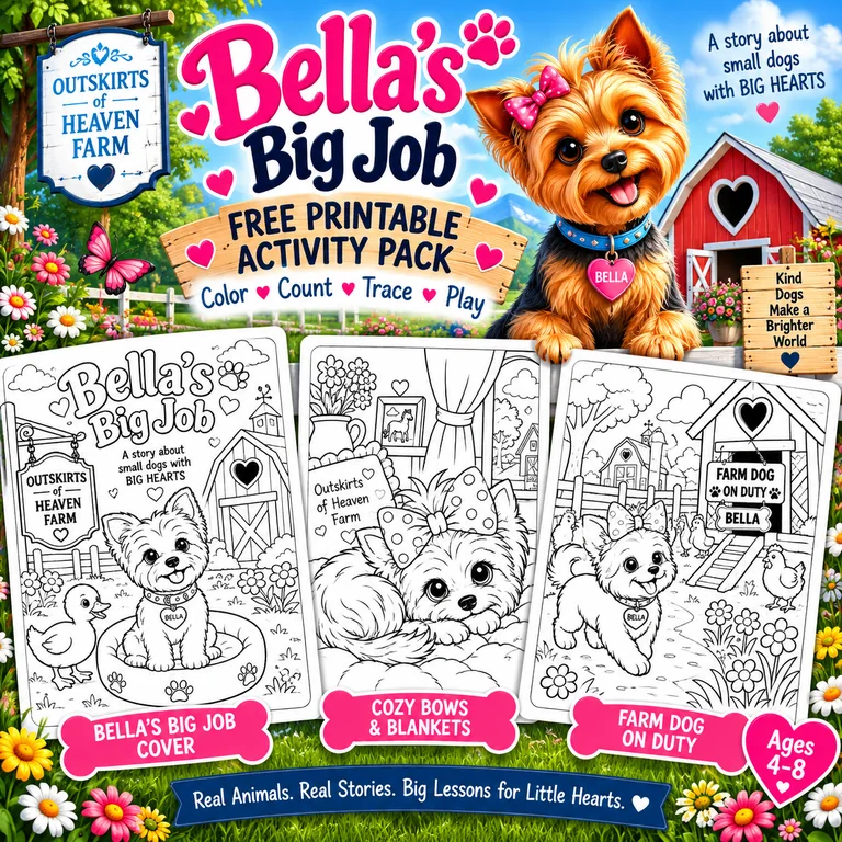 Free printable pack for kids featuring Bella the farm dog from the children's book Bella's Big Job — coloring pages, I Spy games and learning worksheets