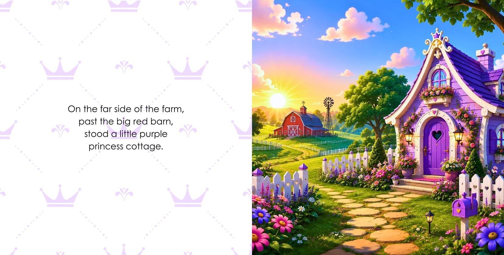 Inside pages from Ellie's NO-MUD RULE: Ellie's little purple princess cottage on the far side of the farm