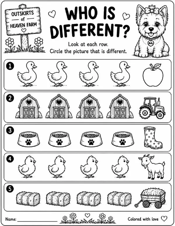 Free farm animal I Spy printable for kids — "Who Is Different?" featuring Bella the farm dog