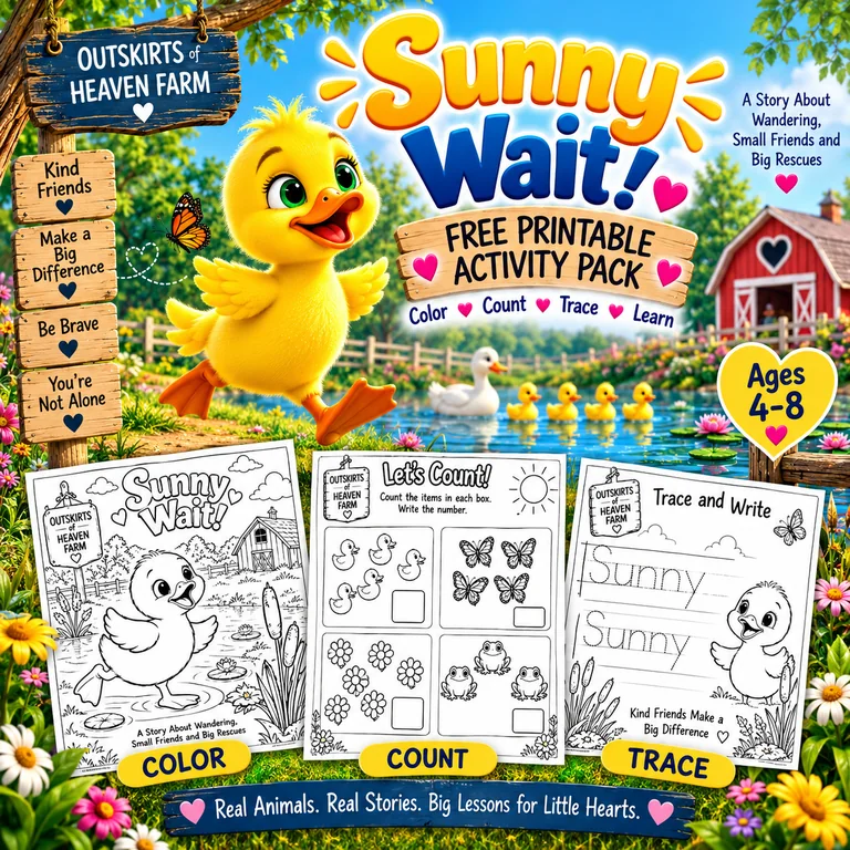 Free printable pack for kids featuring Sunny the farm animal from the children's book Sunny, WAIT! — coloring pages, I Spy games and learning worksheets