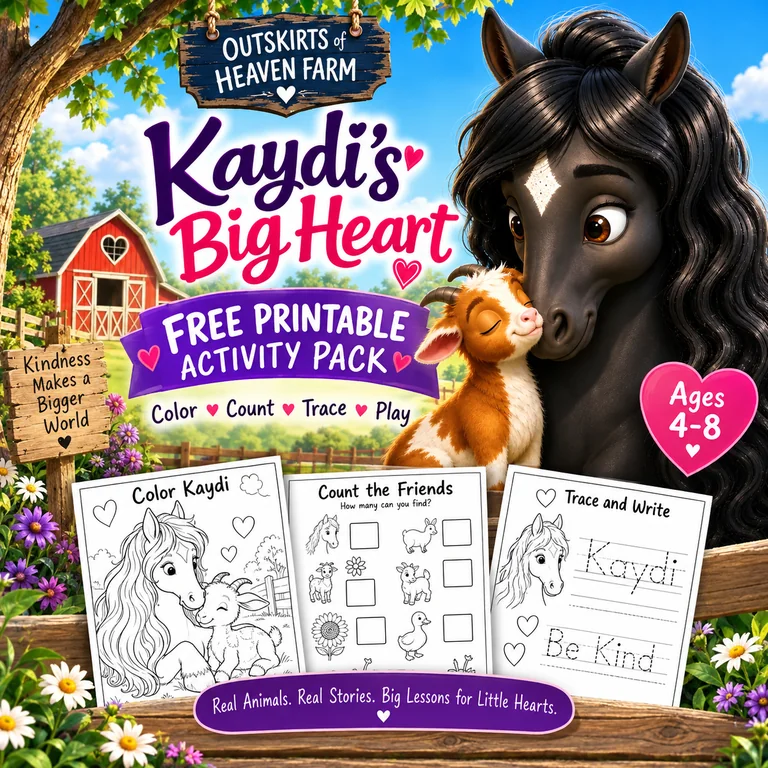 Free printable pack for kids featuring Kaydi the Percheron horse from the children's book Kaydi's Big Heart — coloring pages, I Spy games and learning worksheets