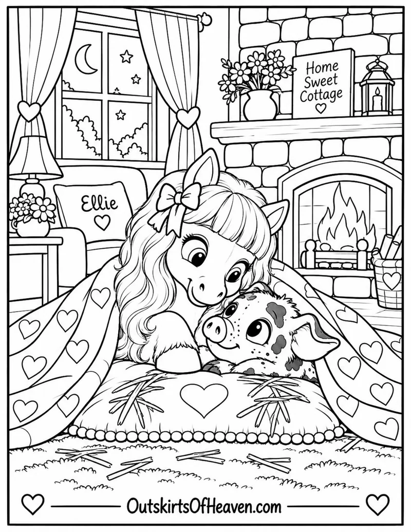 Free farm animal coloring page for kids — "Home Sweet Cottage" featuring Ellie the farm animal