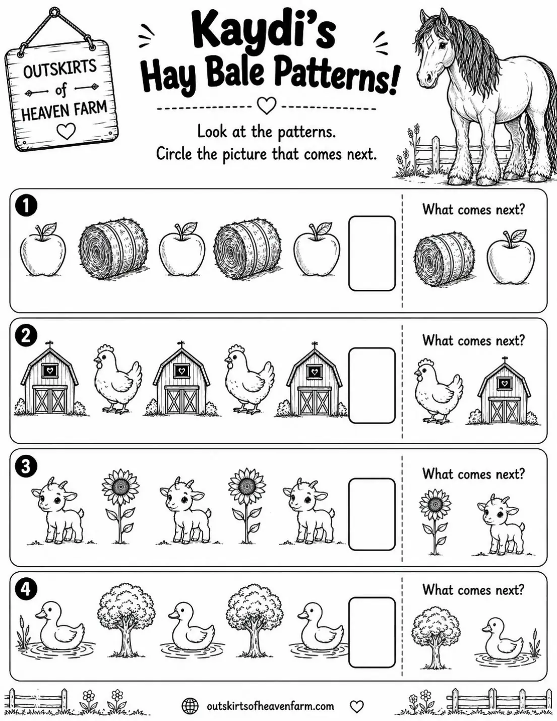 Free farm animal learning activity worksheet for kids — "Kaydi's Hay Bale Patterns" featuring Kaydi the Percheron horse