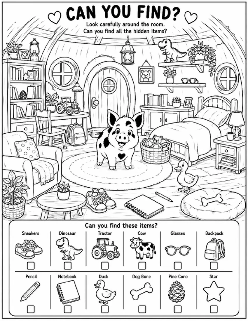Free farm animal I Spy printable for kids — "Can You Find? Hidden Objects" featuring Chippie the pig