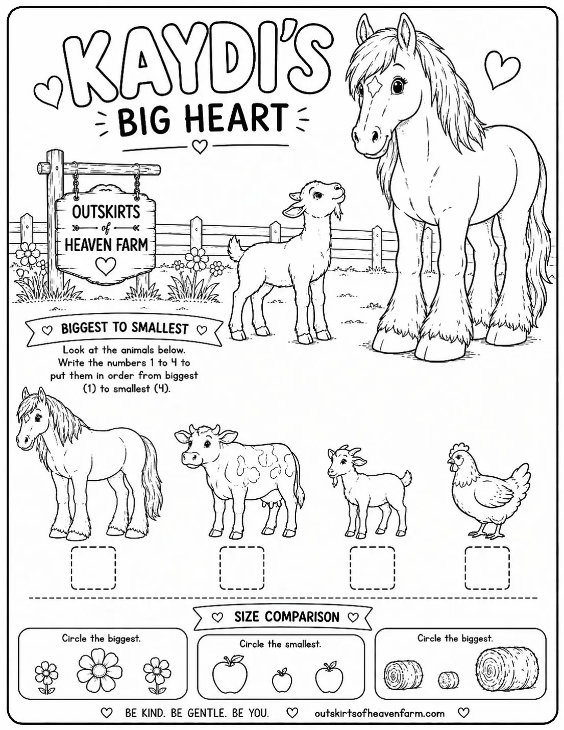 Free farm animal learning activity worksheet for kids — "Biggest to Smallest" featuring Kaydi the Percheron horse