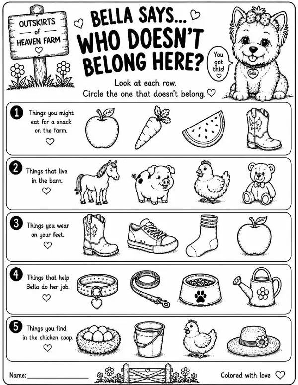 Free farm animal I Spy printable for kids — "Who Doesn't Belong Here?" featuring Bella the farm dog