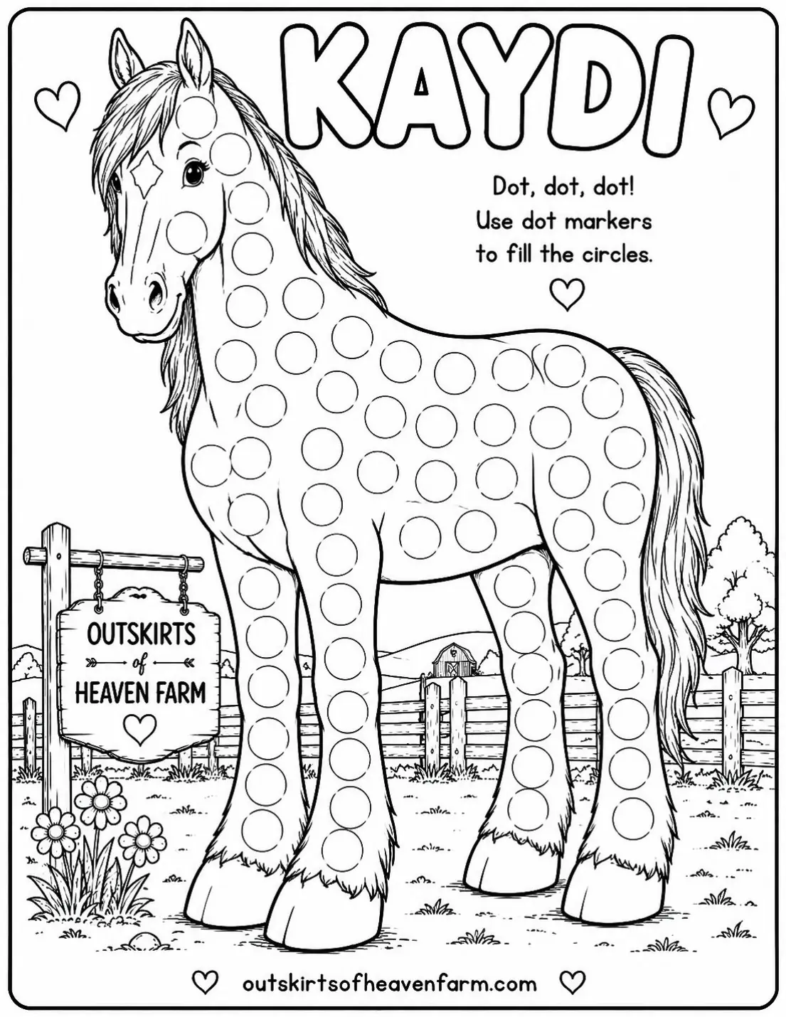 Free farm animal learning activity worksheet for kids — "Dot Marker Kaydi" featuring Kaydi the Percheron horse