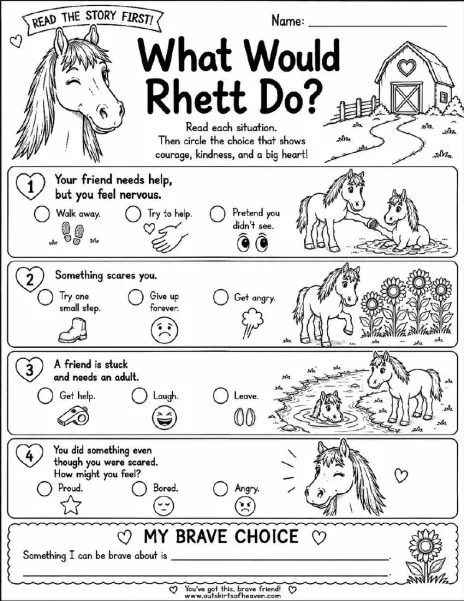 Free farm animal learning activity worksheet for kids — "What Would Rhett Do?" featuring Rhett the horse
