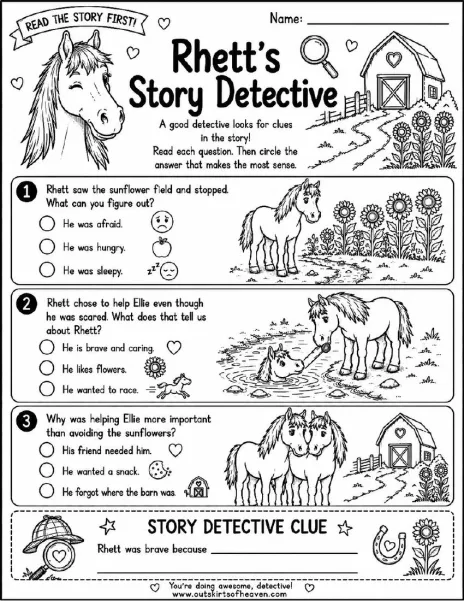 Free farm animal learning activity worksheet for kids — "Rhett's Story Detective" featuring Rhett the horse