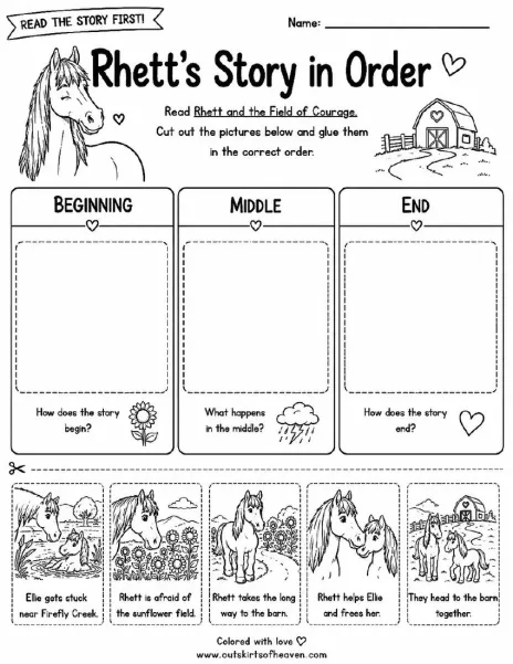 Free farm animal learning activity worksheet for kids — "Rhett's Story in Order" featuring Rhett the horse