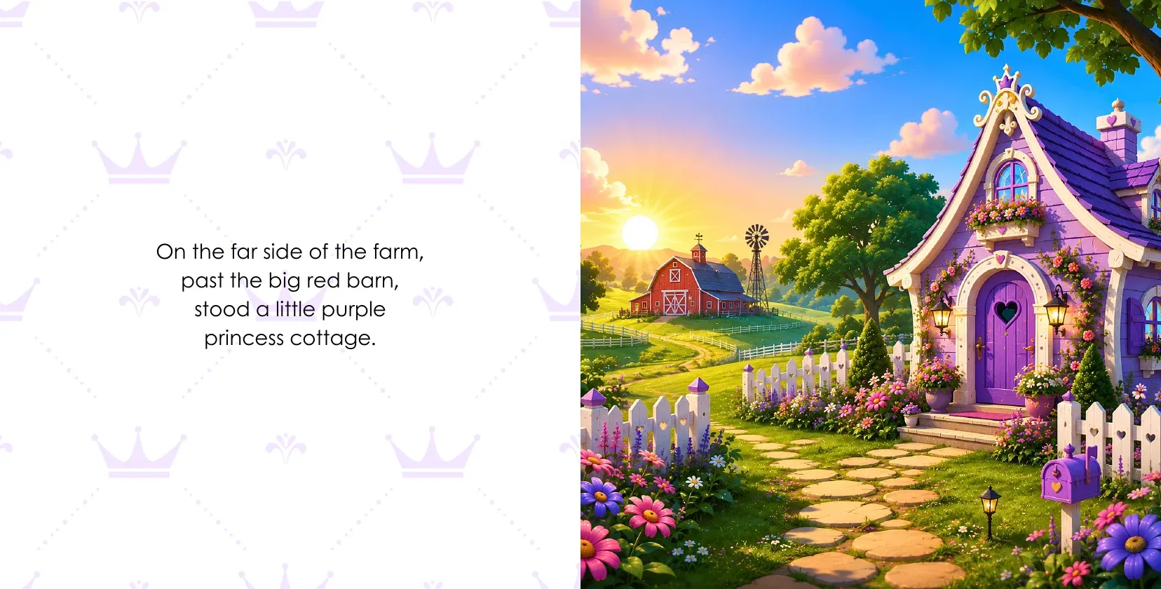 Inside pages from Ellie's NO-MUD RULE: Ellie's little purple princess cottage on the far side of the farm